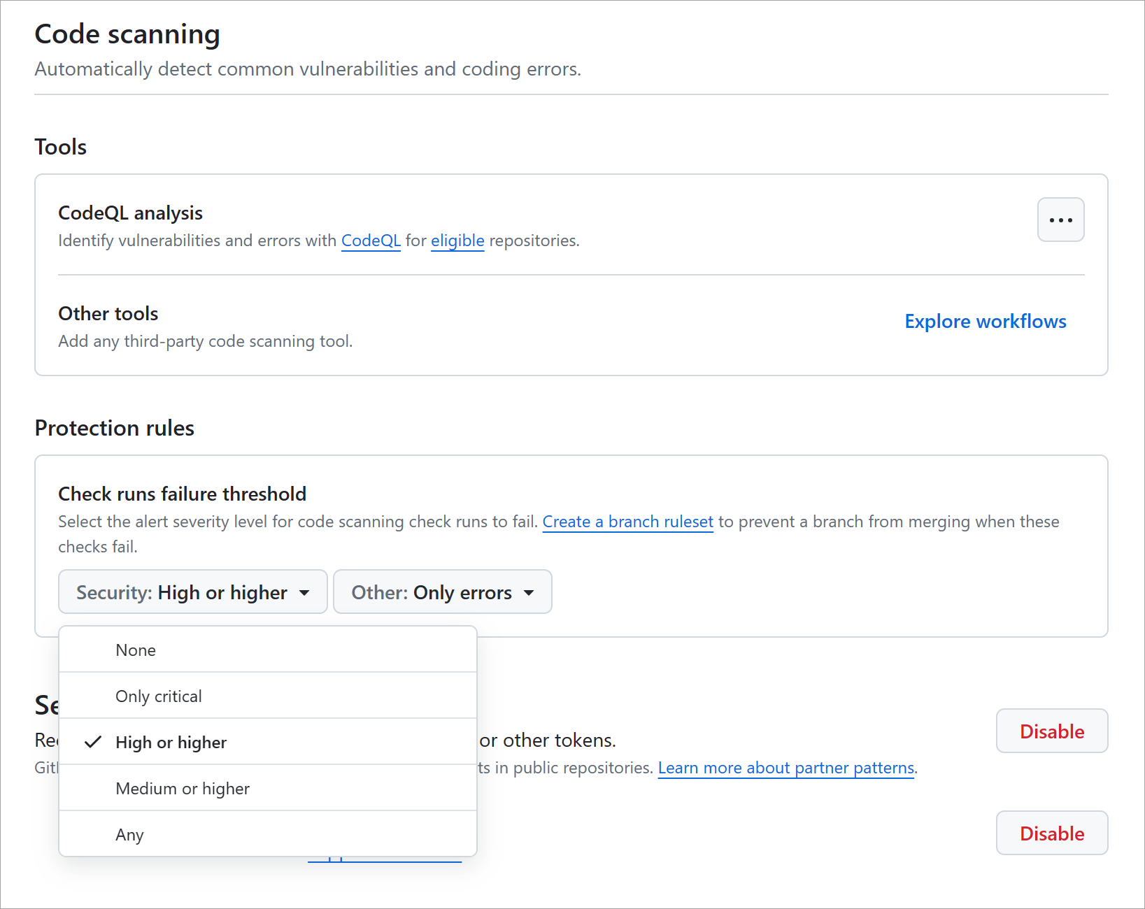 skärmbild av rullgardinsmenyn för allvarlighetsgrad vid kodgenomsökning.