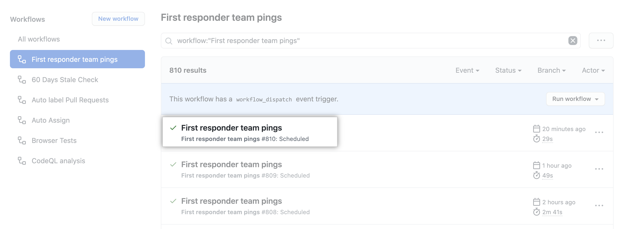 Skärmbild som visar ett exempel på arbetsflödeskörning på GitHub.
