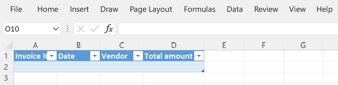 Formatted column headers for Invoice ID, Date, Vendor, and Total amount.
