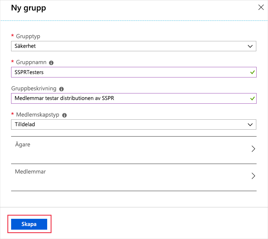 Screenshot that shows new group form filled out and the create button highlighted.