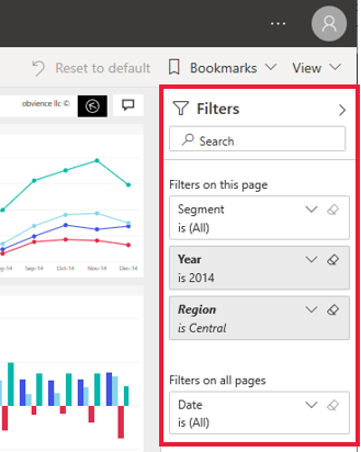 Skärmbild av ett filter på tre sidor i Power BI-filterfönstret.