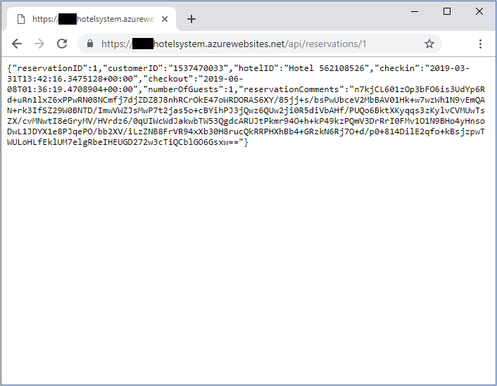 Skärmbild av en webbläsare som skickar en webb-API-begäran till webbappen för hotellets bokningssystem.