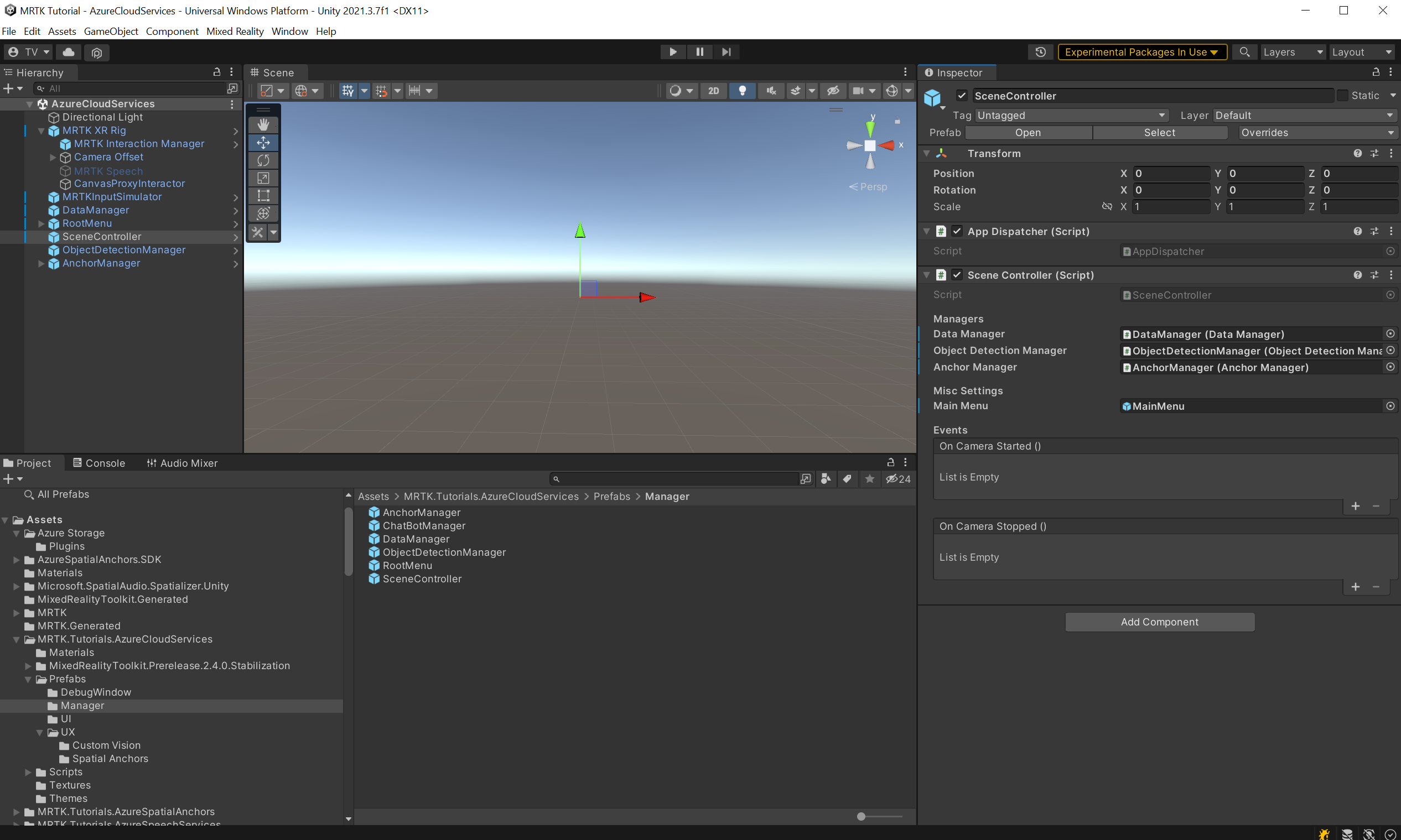 Screenshot of Unity with SceneController script component configured.