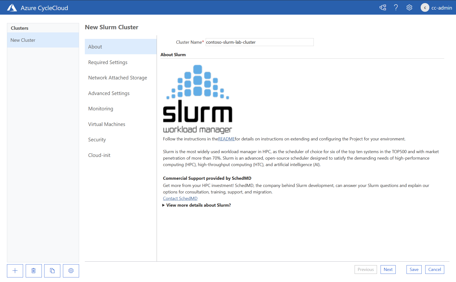 Skärmbild som visar fliken Om på sidan Nytt Slurm-kluster i webbapplikationen Azure CycleCloud.