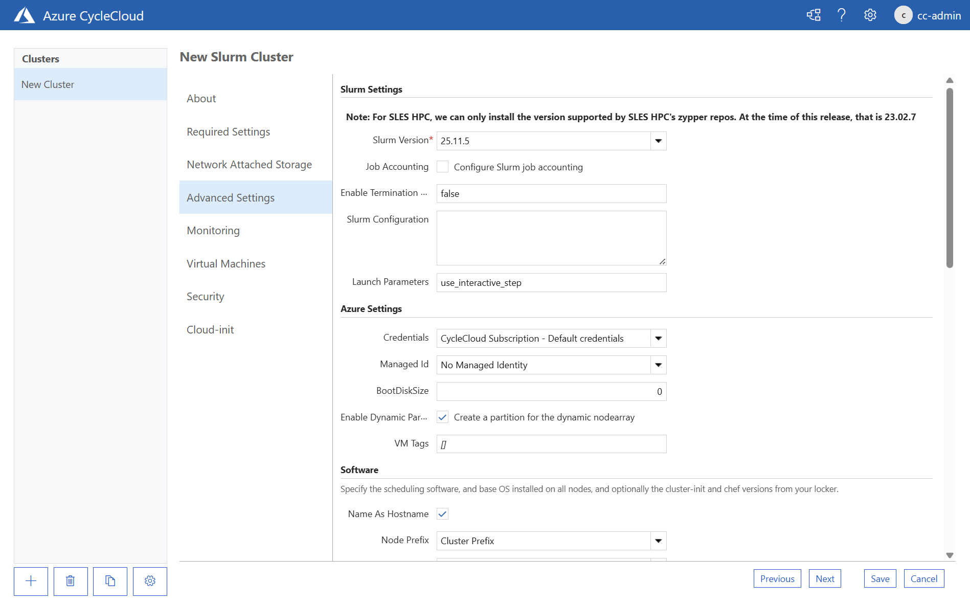 Skärmbild som visar fliken Avancerade inställningar på sidan Nytt Slurm-kluster i Azure CycleCloud-webbprogrammet.
