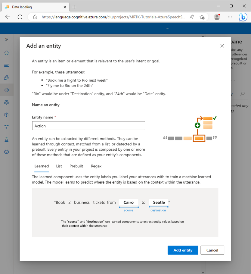 Screenshot of adding a new entity.