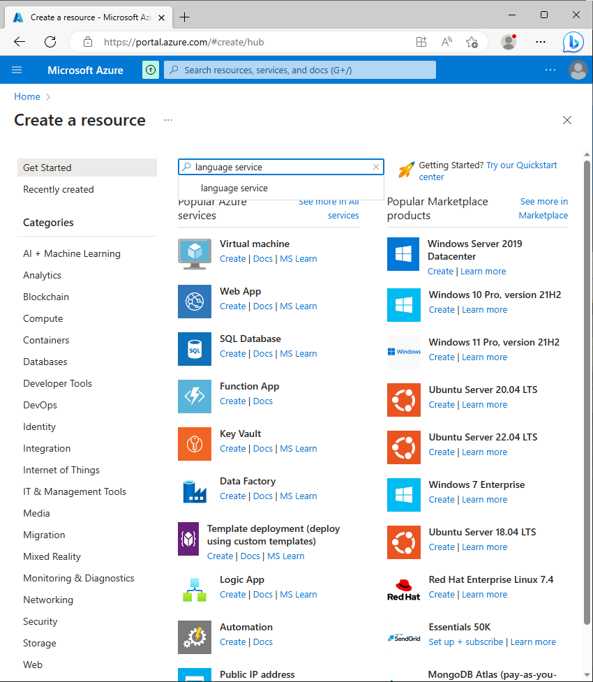 Screenshot of the Azure language service resource.
