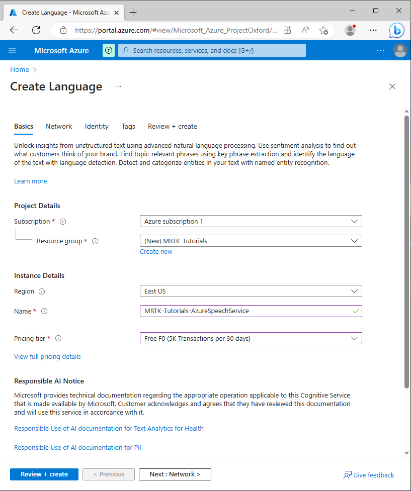 Screenshot of the configured Create Language form.