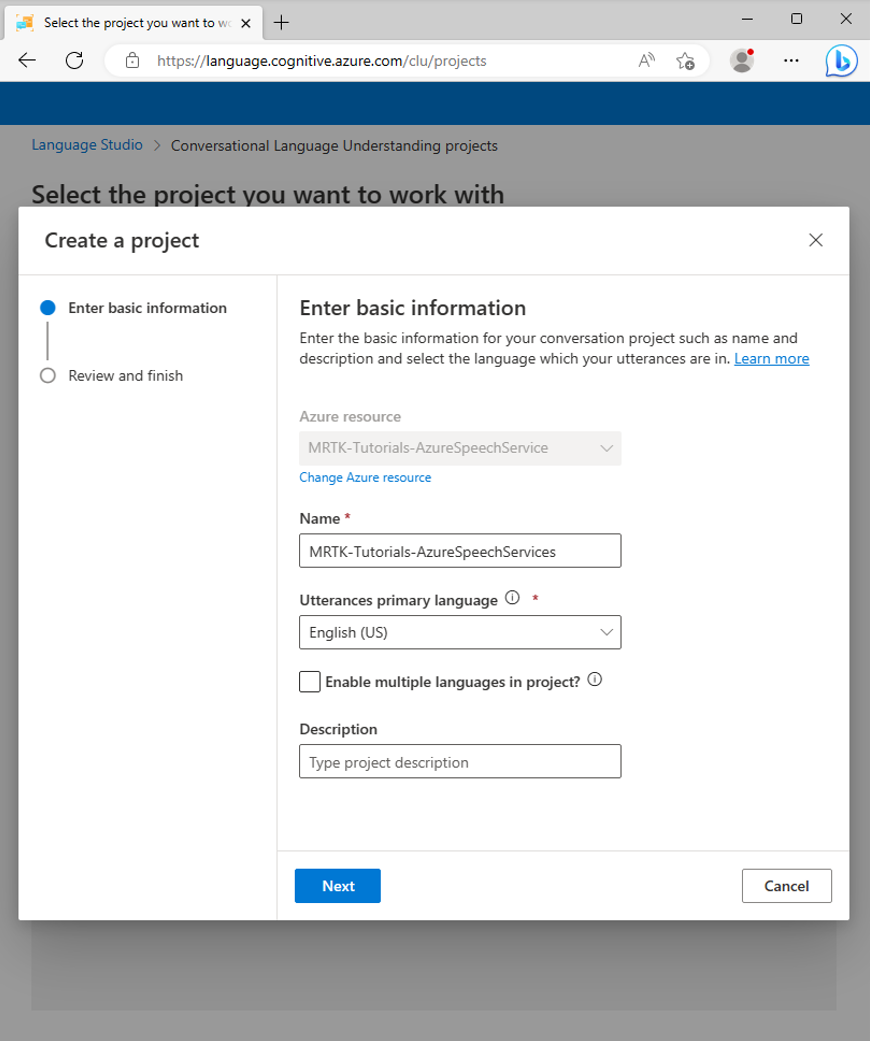 Screenshot of the Create a project popup.