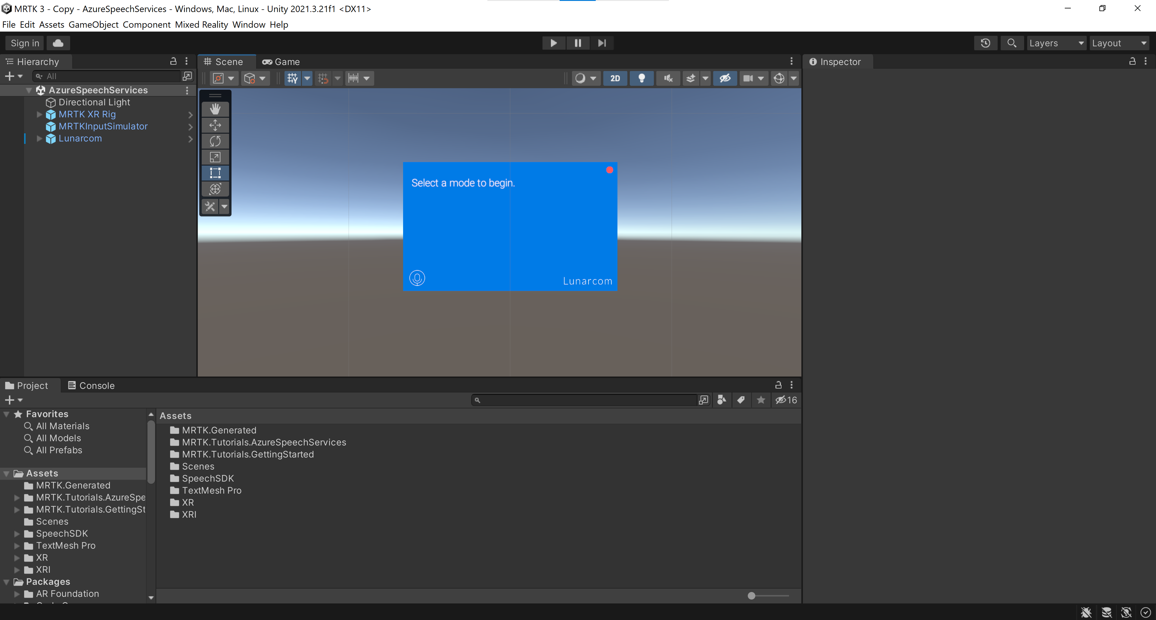 Screenshot of adding the Lunarcom Intent Recognizer (Script) component.