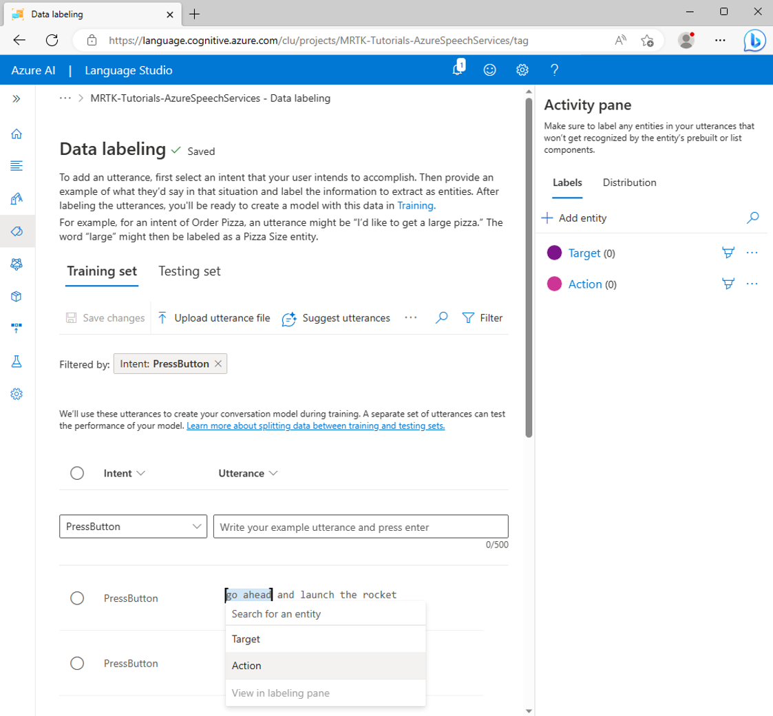 Screenshot of labeling go ahead as an action entity value.