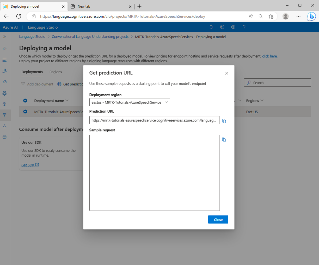 Screenshot of Get Prediction URL popup.