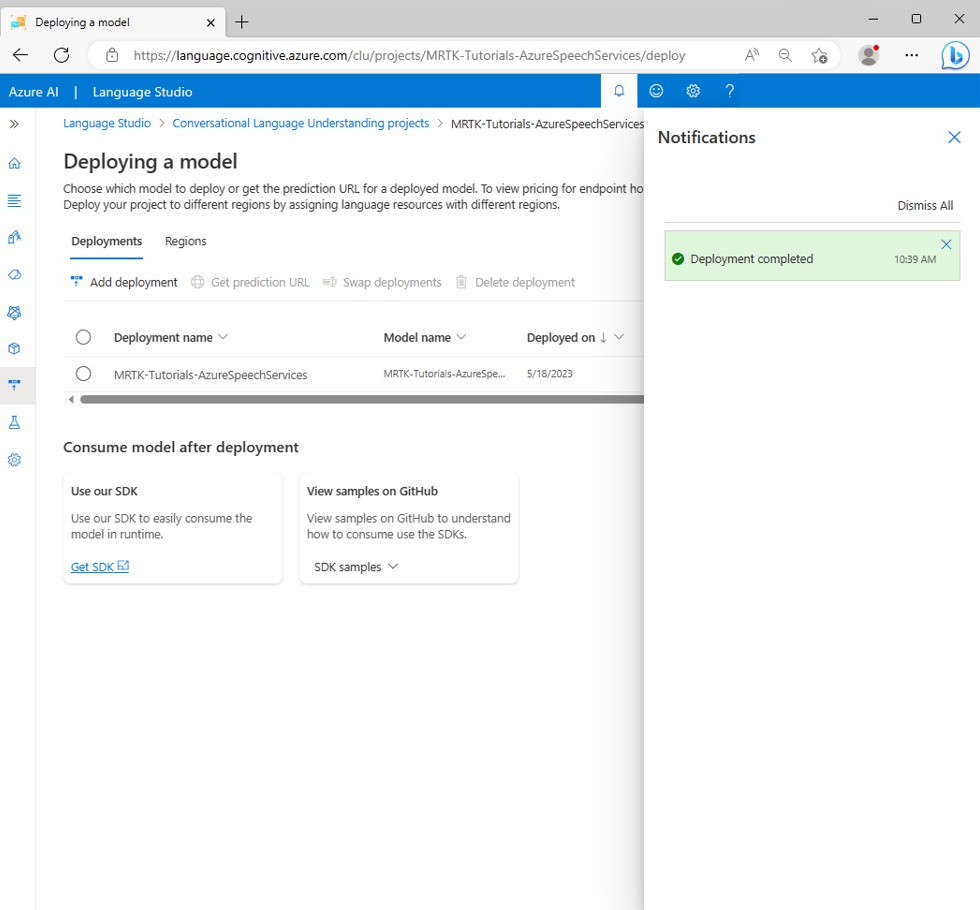 Screenshot of the Deployment completed notification.