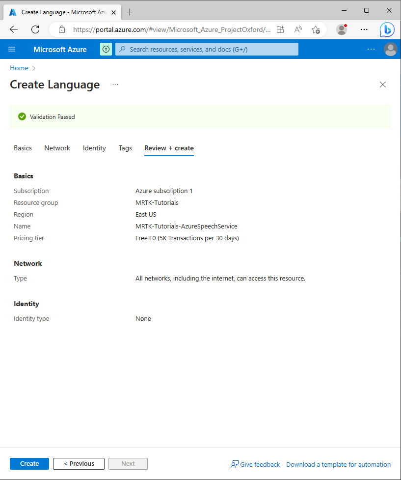 Screenshot of the Review + Create screen.