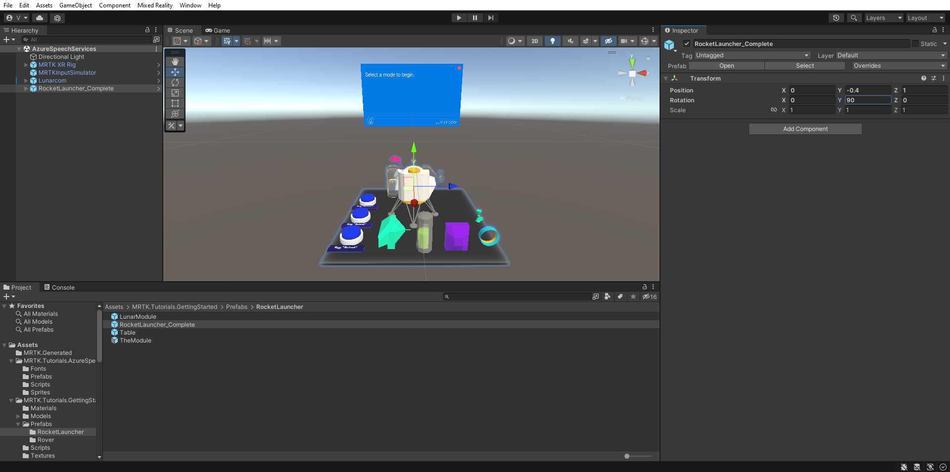 Screenshot of adding the RocketLauncher_Complete prefab.