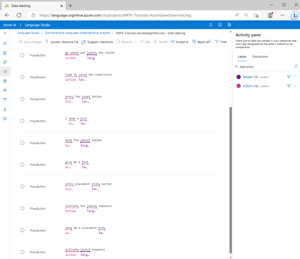 Screenshot of the PressButton intent page with all example utterances labeled.