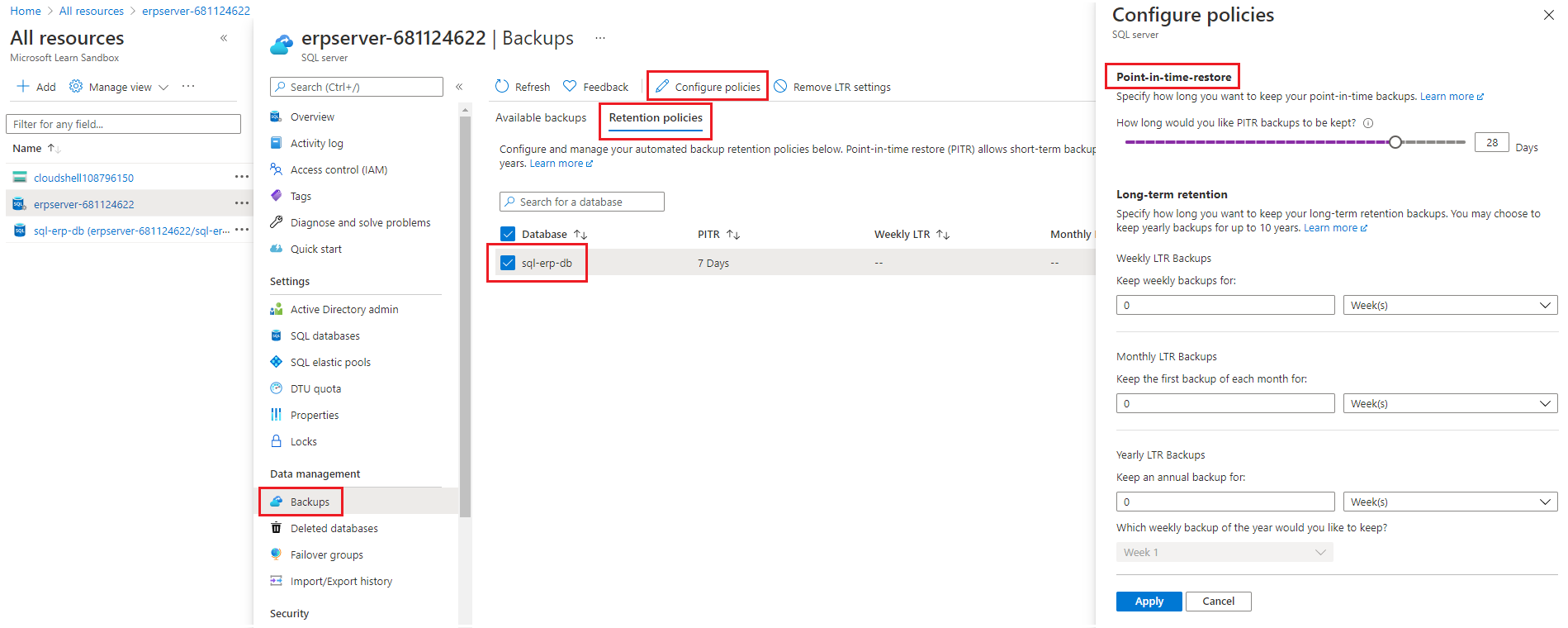 Skärmbild av Azure Portal som visar alternativen för dataåterställning för återställning till en viss tidpunkt.