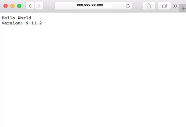 Skärmbild av ett webbläsarfönster som visar en webbsida med text som lyder: Hello World. Version: 9.11.2.