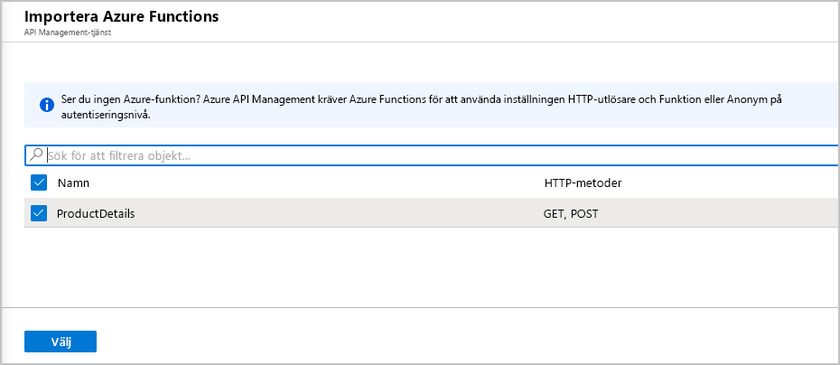 Screenshot showing the Import Azure Functions API Management service pane.