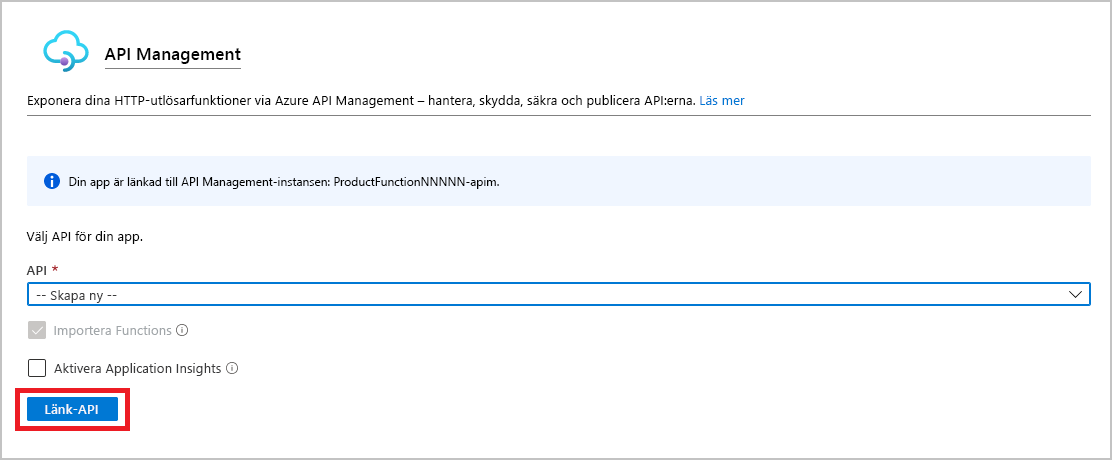 Screenshot of API Management highlighting the Link API button.