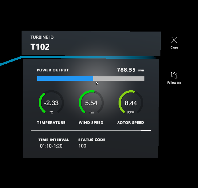 Screenshot of a single information panel displaying turbine data on HoloLens 2.