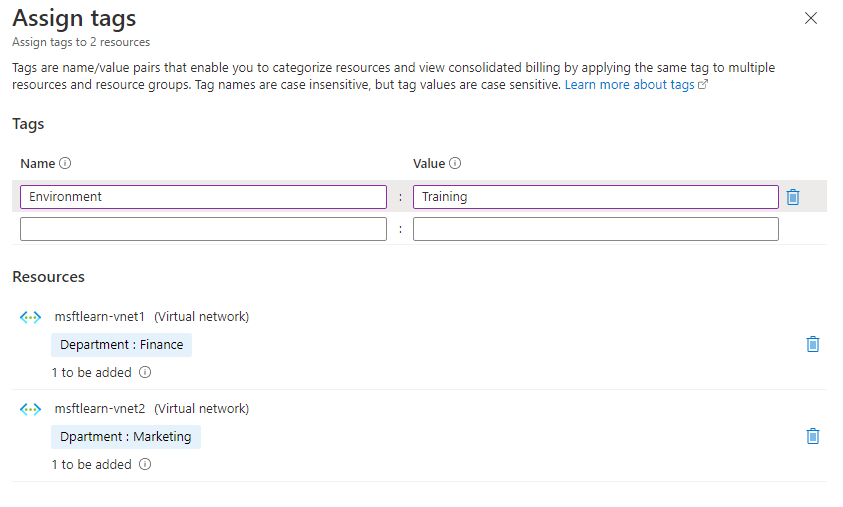 Screenshot of Azure portal showing the assign tags dialog to add tags in bulk.