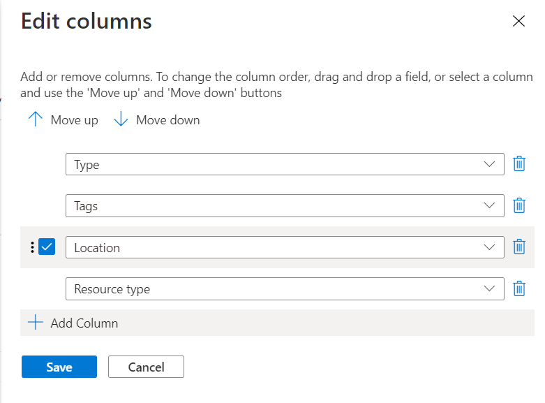 Screenshot of Azure portal showing edit columns dialog with available columns on the left and selected columns on the right.