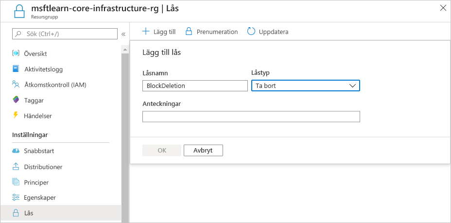 Screenshot of Azure portal showing a new delete resource lock being configured.