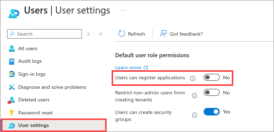 Skärmbild som visar Microsoft Entra-användare med appregistreringar inställda på Nej.