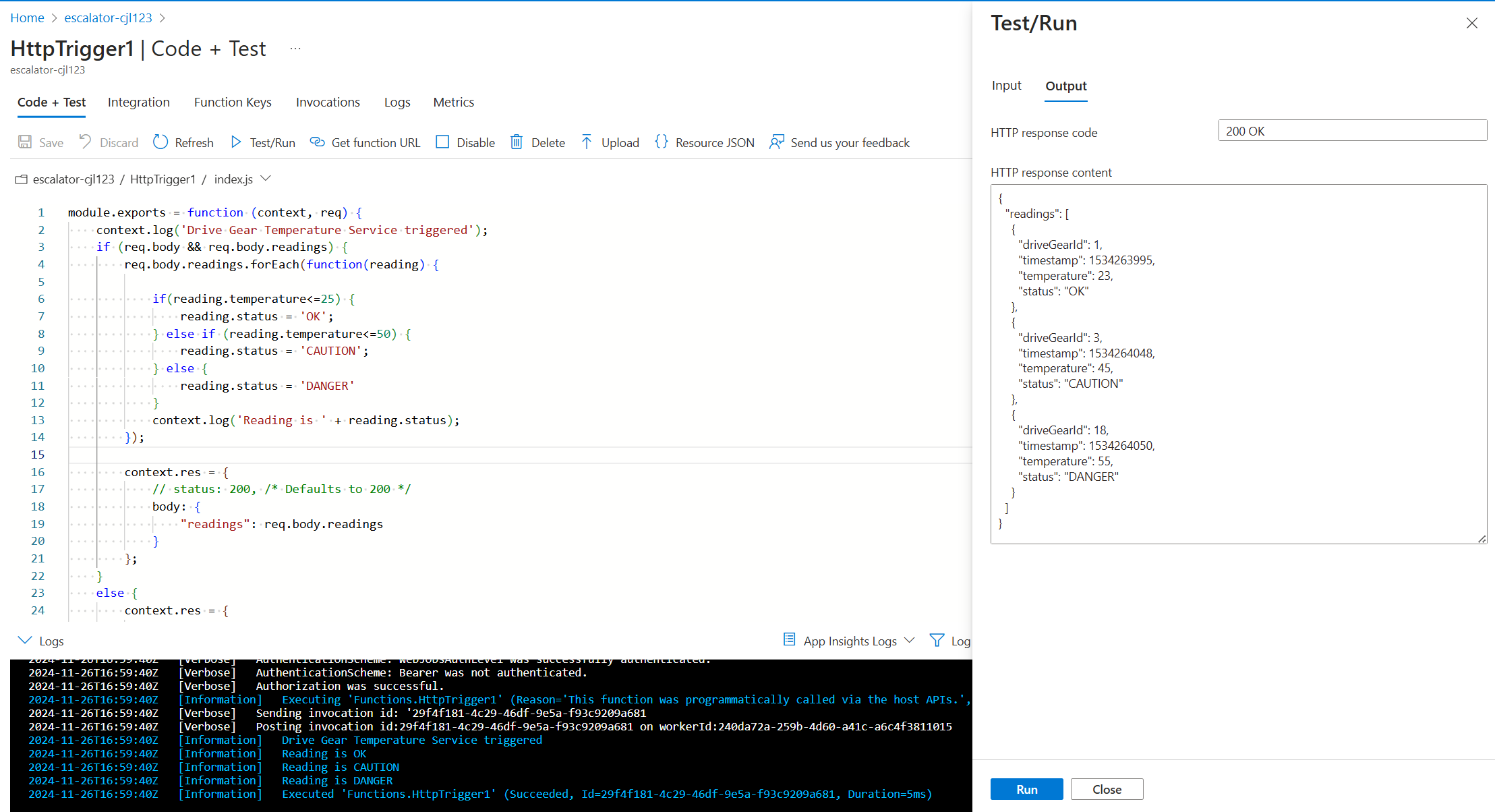 Screenshot of the Azure function editor, with the Test and Logs tabs showing.