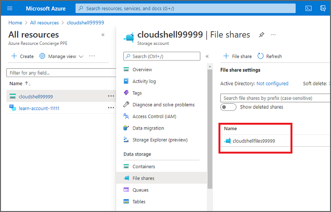 Screenshot showing the Cloud Shell file shares.