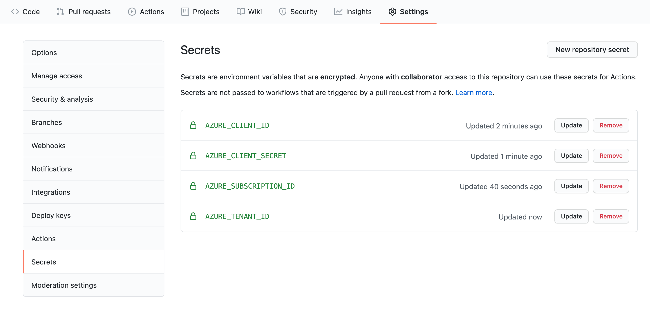 Screenshot showing stored secrets on the Secrets pane under GitHub Settings.