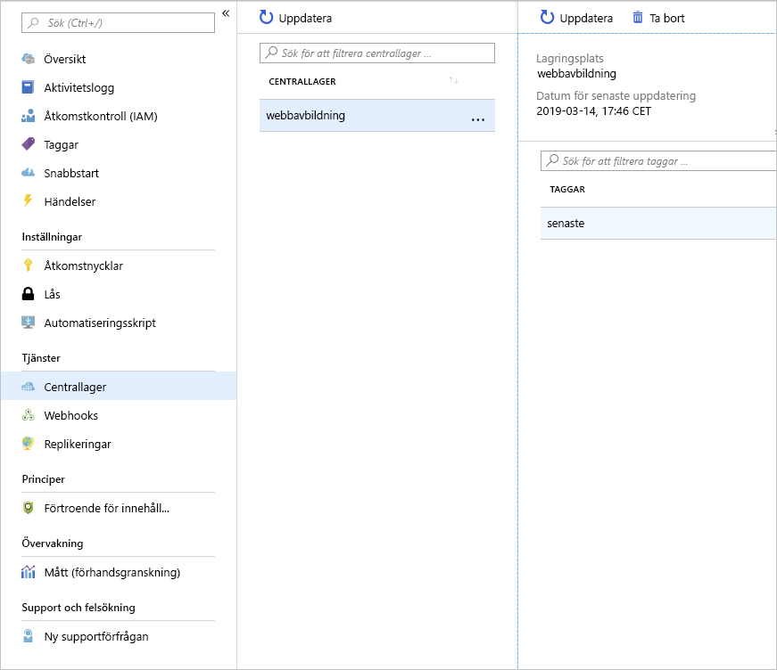 Skärmbild som visar de lagringsplatser och bilder som laddats upp till Azure Container Registry.