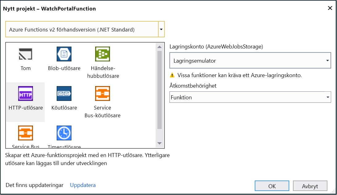 Skärmbild som visar de tillgängliga Azure-funktionsutlösarna, med HTTP-utlösaren markerad.