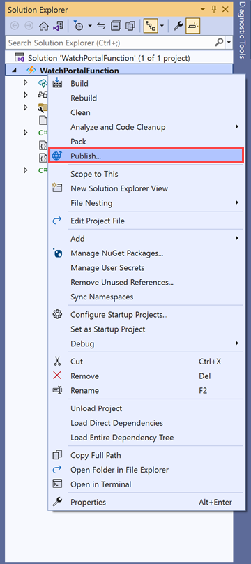 Skärmbild av Visual Studio, som visar alternativet Publicera för projektet WatchPortalFunctions.