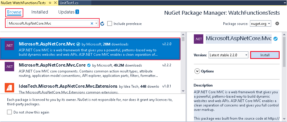 Skärmbild av fönstret NuGet Package Manager. Användaren installerar Microsoft.AspNetCore.Mvc-paketet.