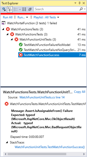 Skärmbild av fönstret Team Explorer. TestWatchFunctionSuccess-testet misslyckades.