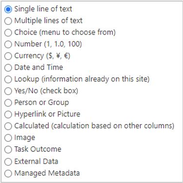Screenshot of the types of columns, including Single line of text, Multiple lines, Choice, Number, Currency, Date and Time, Lookup, and more.