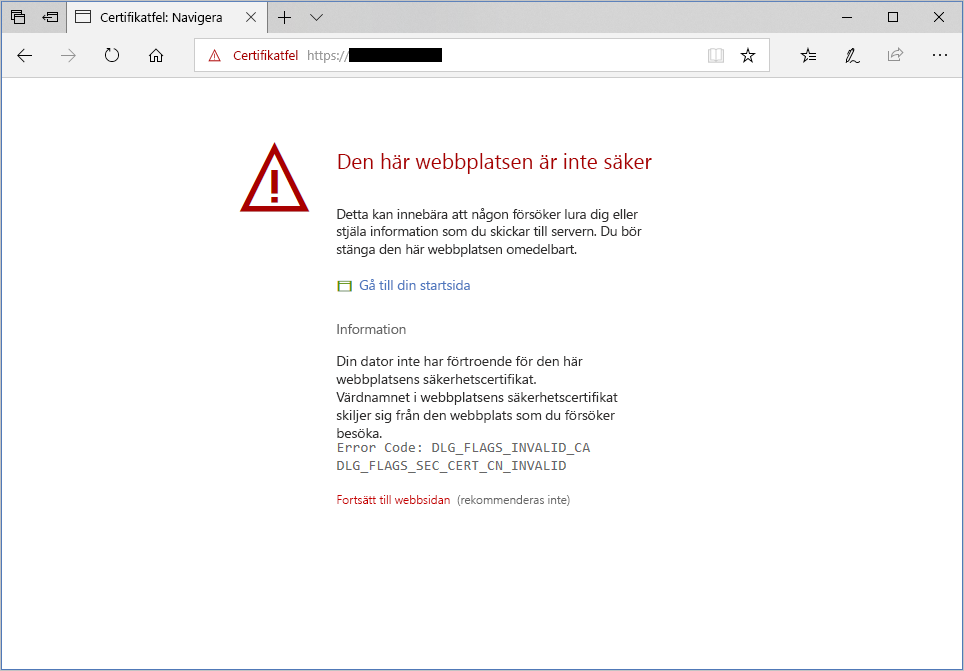 Screenshot of a warning about an unauthenticated server in Microsoft Edge.