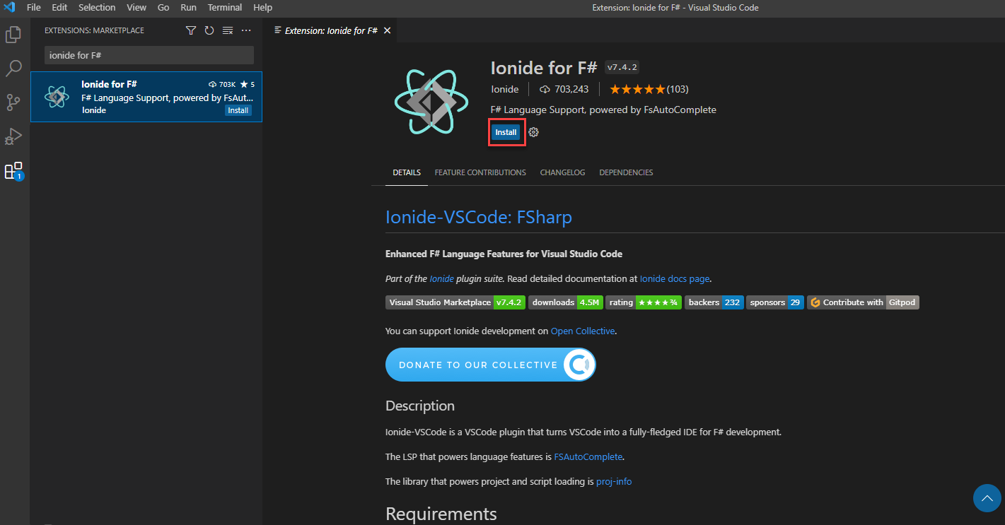 Skärmbild av visual Studio Code-tilläggsvyn som visar installationssidan för F# Ionide-tillägget med en ruta runt knappen Installera.