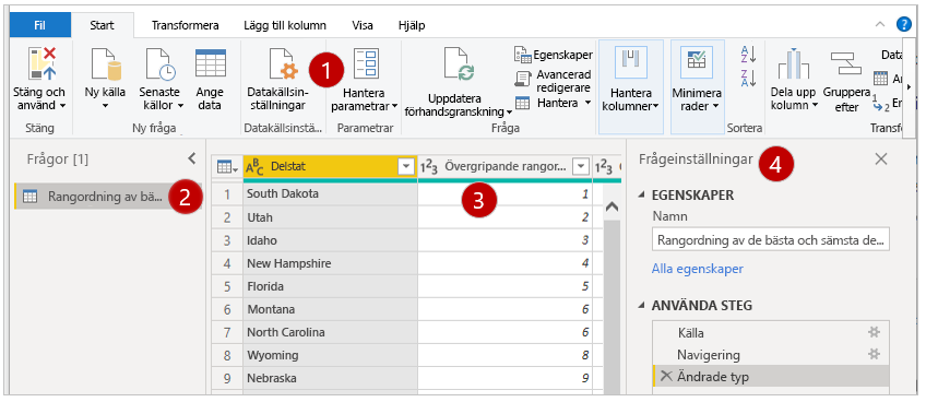 De fyra områdena på Power Query redigeringsskärmen.