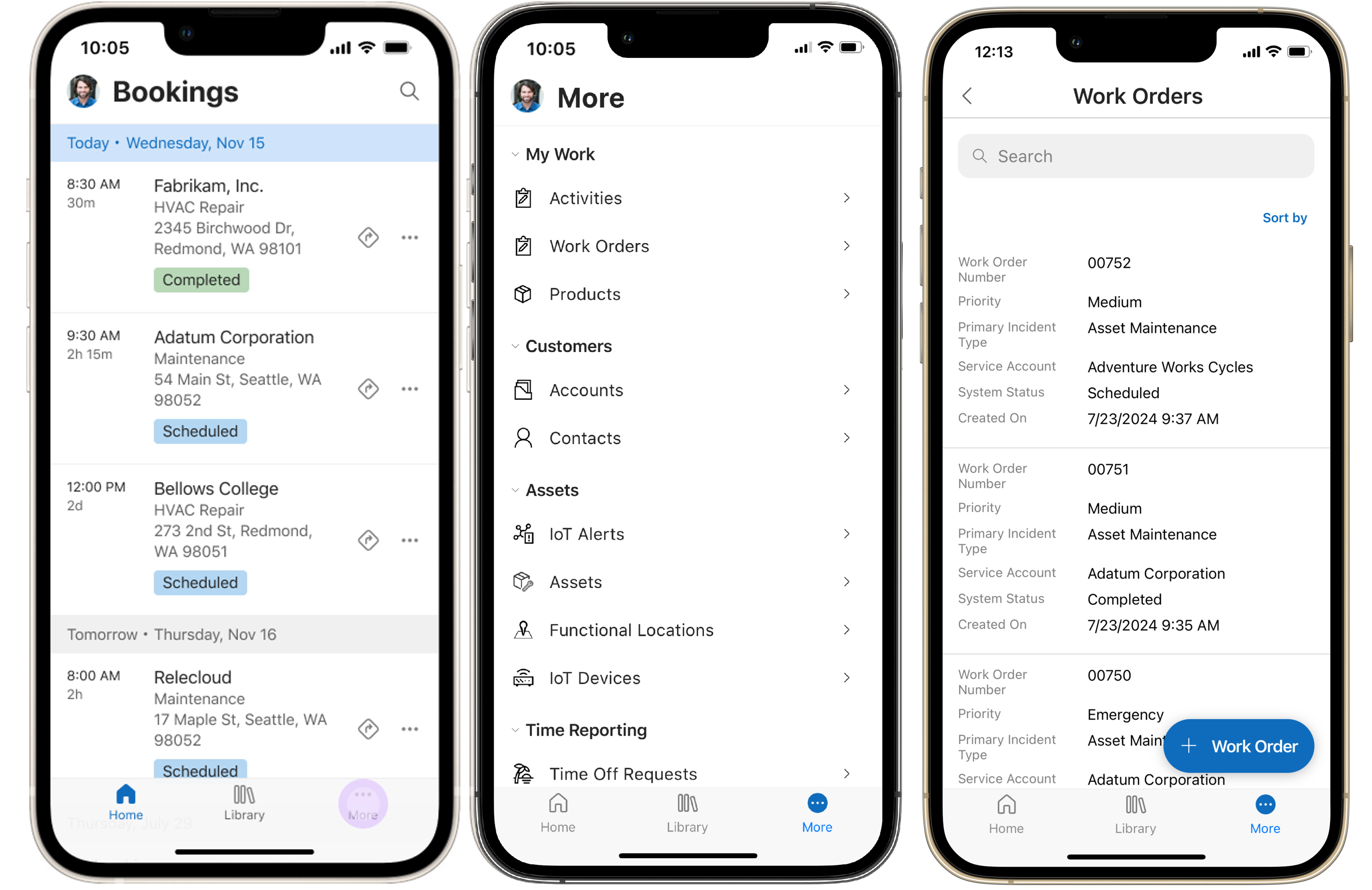 Screenshots of bookings by date, navigation menu, and account information.