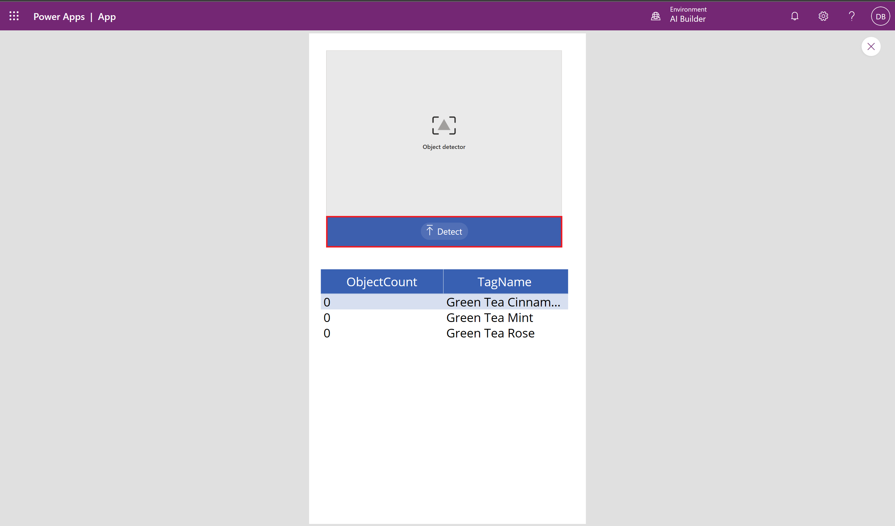 Screenshot of the Detect button in Power Apps.