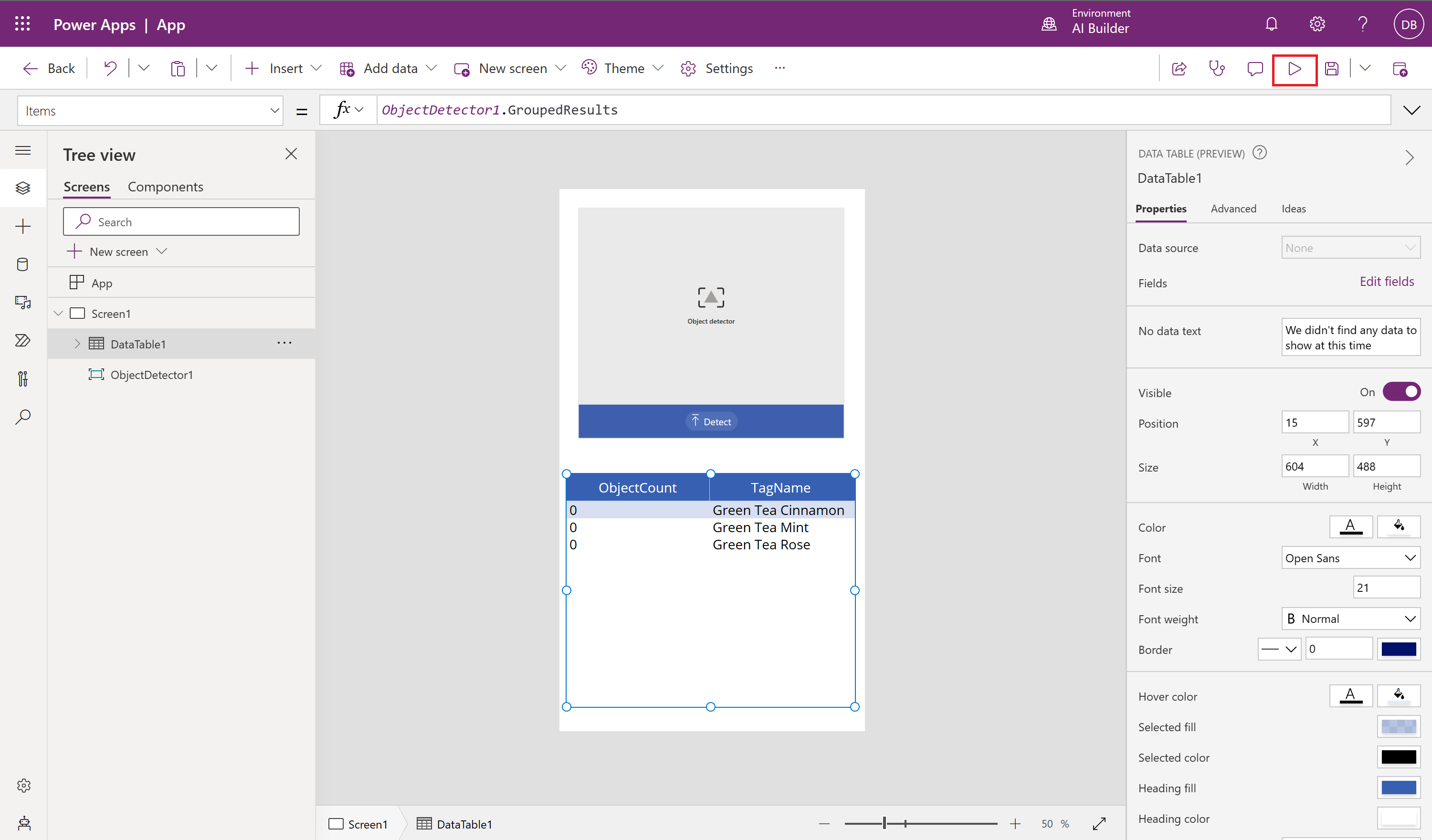 Screenshot of the play button in Power Apps.