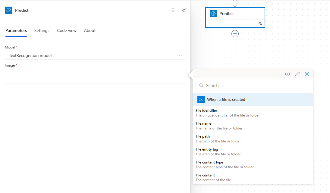 Screenshot of the Predict step with the Image file Add dynamic content drop-down menu. Under When a file is created, File content is selected.