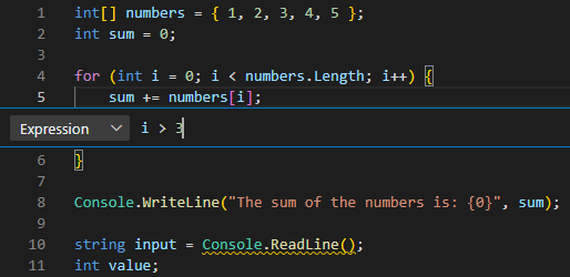 Skärmbild som visar ett villkorsstyrd brytpunktsuttryck i Visual Studio Code-redigeraren.