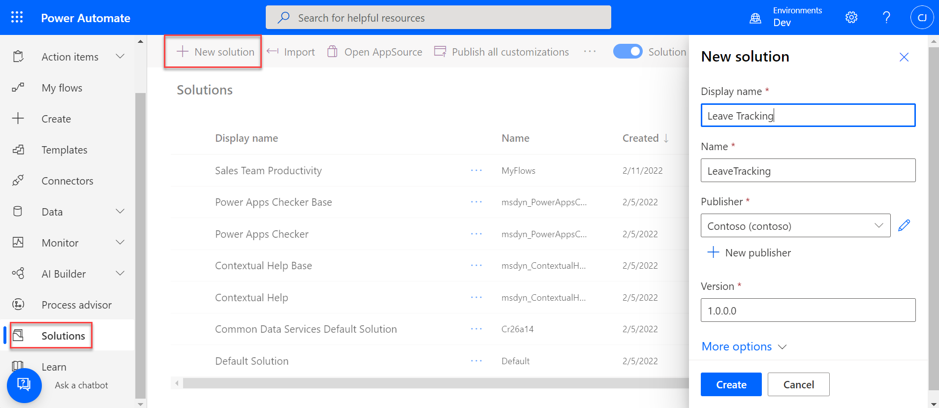 Screenshot of the creation of a new solution called Leave Tracking.