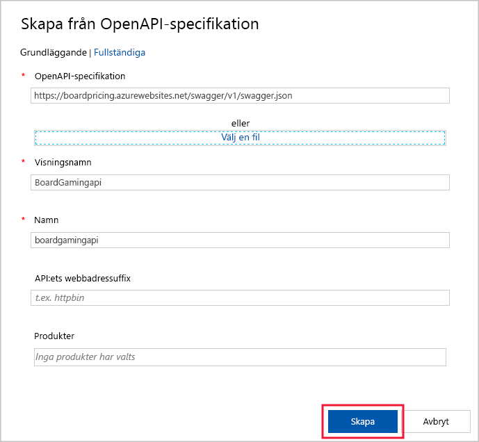 Screenshot that shows how to configure an OpenAPI specification in the portal.