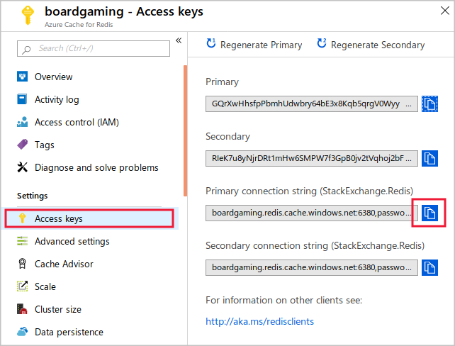 Screenshot that shows how to obtain the Redis cache connection string.