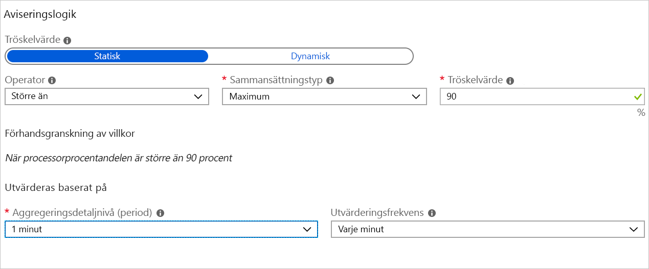 Skärmbild som visar inställningarna för måttvillkorslogik.